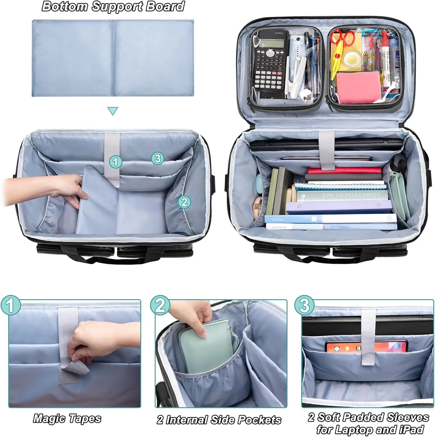 CURMIO Rolling Teacher Tote Bag with Padded Laptop Compartment for up to 15.6 Inches Laptop, Wheeled Teacher Bag for Teaching, Office, Craft, Gray