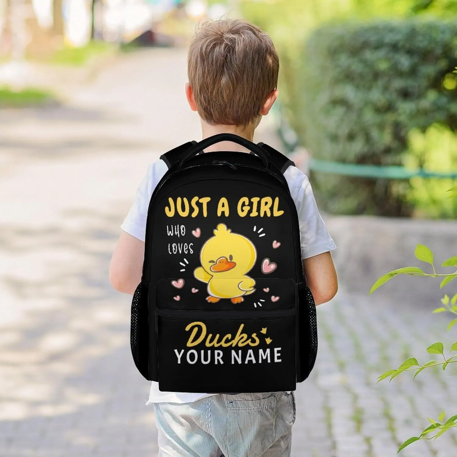 Custom Duck Backpack for Kids, 17 Inch Cute Backpacks for Primary School, Black Lightweight Bookbag for Girls