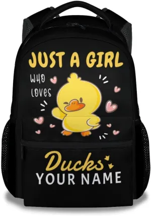 Custom Duck Backpack for Kids, 17 Inch Cute Backpacks for Primary School, Black Lightweight Bookbag for Girls