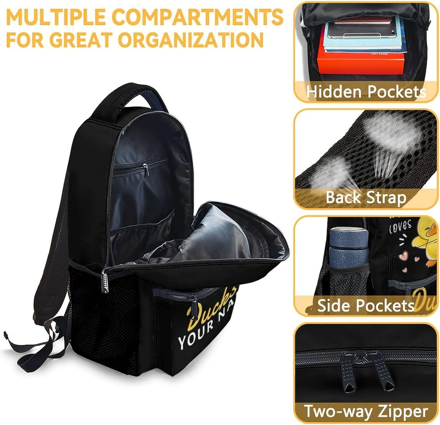 Custom Duck Backpack for Kids, 17 Inch Cute Backpacks for Primary School, Black Lightweight Bookbag for Girls