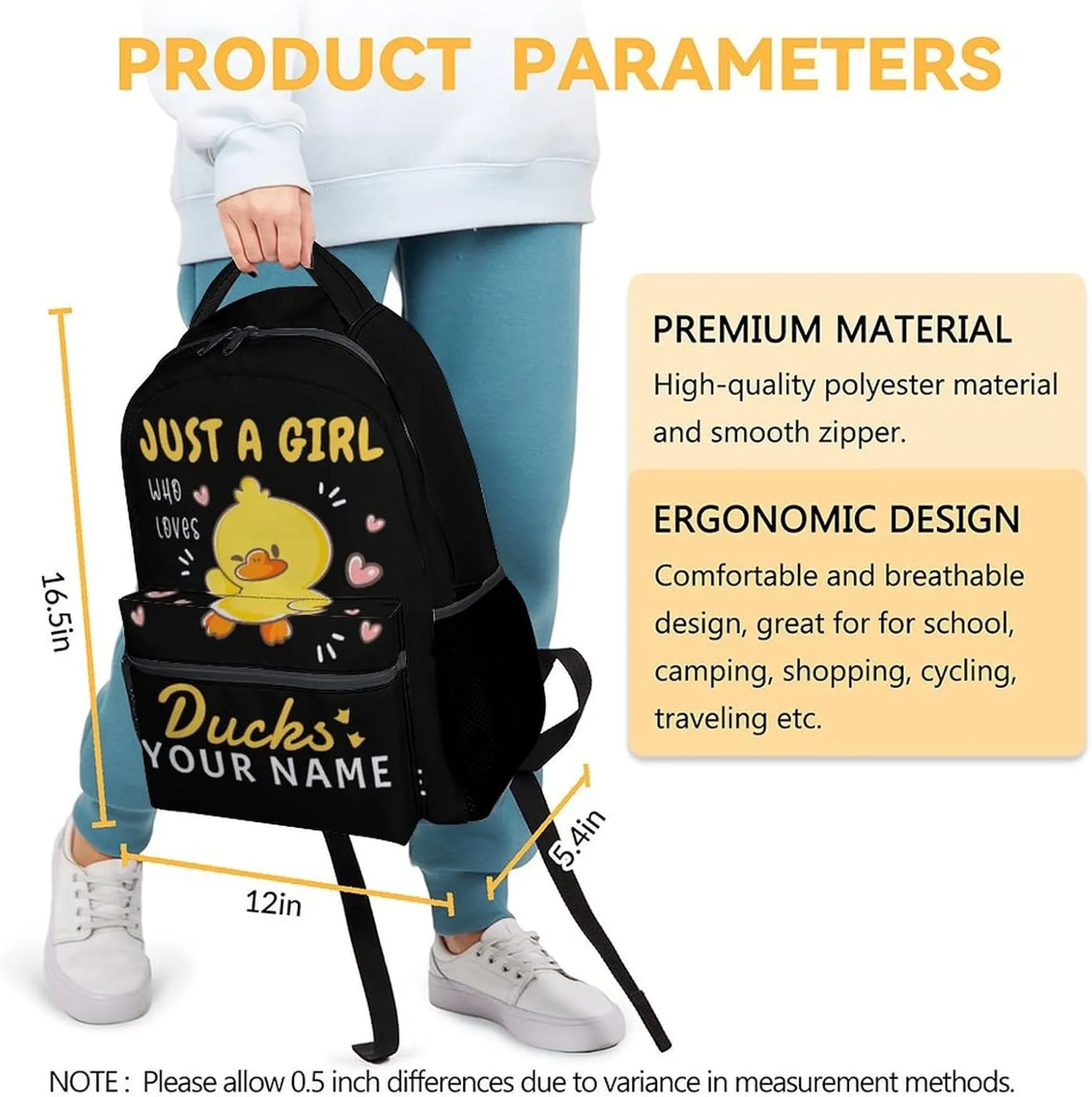 Custom Duck Backpack for Kids, 17 Inch Cute Backpacks for Primary School, Black Lightweight Bookbag for Girls