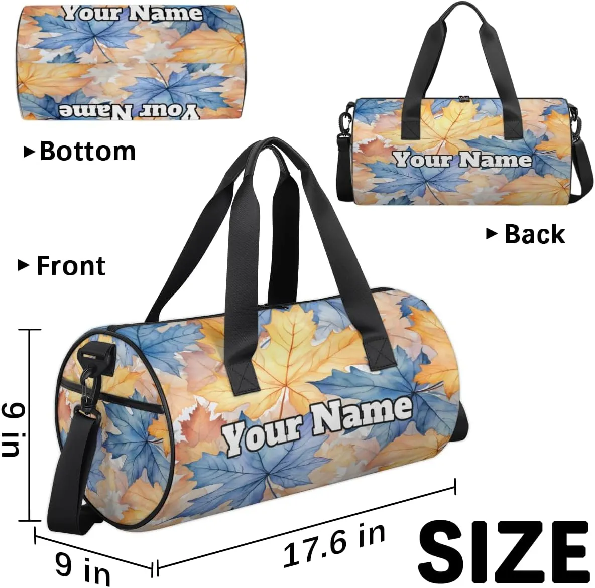 Custom Gym Bag for Women Men with Name, Personalized Maple Leaves Duffel Bag for Sports, Waterproof Dance Bag, Lightweight Carryon Gym Bag, Fall Leaves