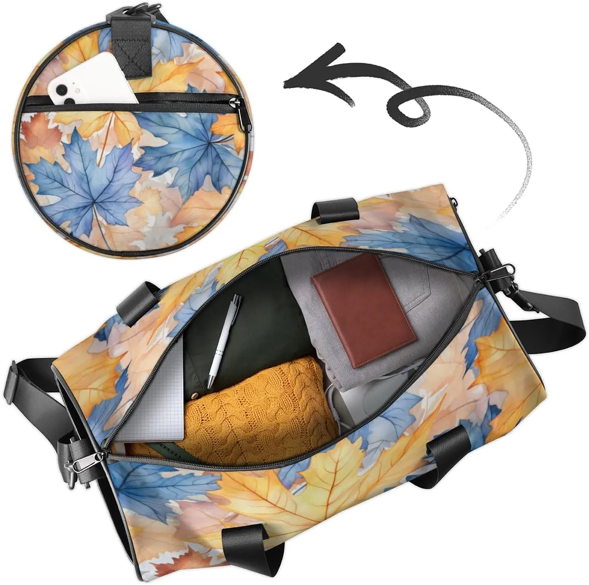 Custom Gym Bag for Women Men with Name, Personalized Maple Leaves Duffel Bag for Sports, Waterproof Dance Bag, Lightweight Carryon Gym Bag, Fall Leaves