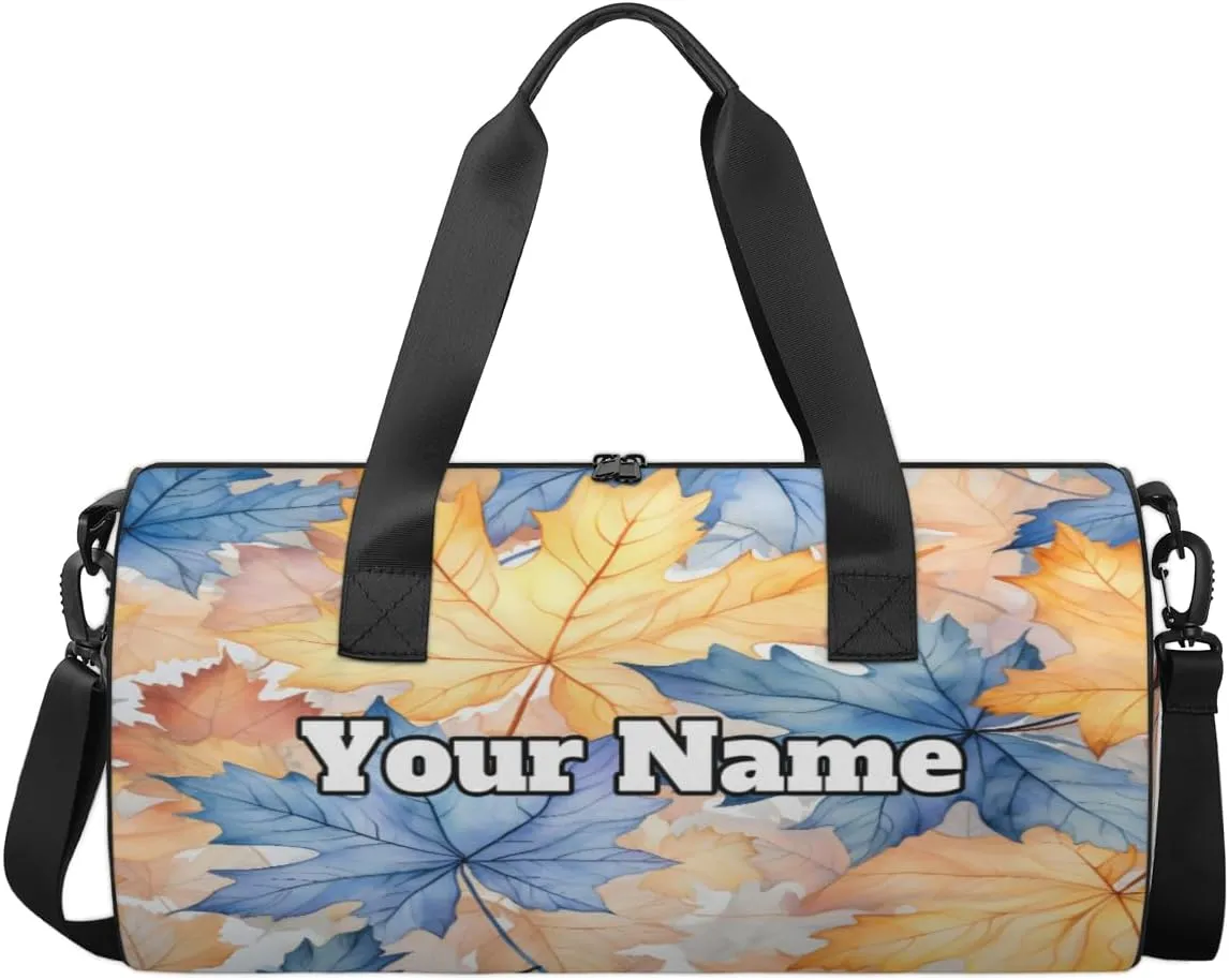 Custom Gym Bag for Women Men with Name, Personalized Maple Leaves Duffel Bag for Sports, Waterproof Dance Bag, Lightweight Carryon Gym Bag, Fall Leaves