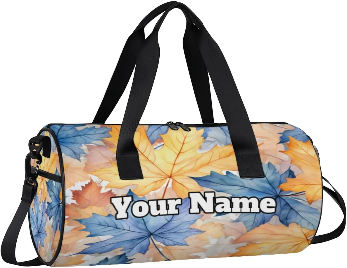 Custom Gym Bag for Women Men with Name, Personalized Maple Leaves Duffel Bag for Sports, Waterproof Dance Bag, Lightweight Carryon Gym Bag, Fall Leaves