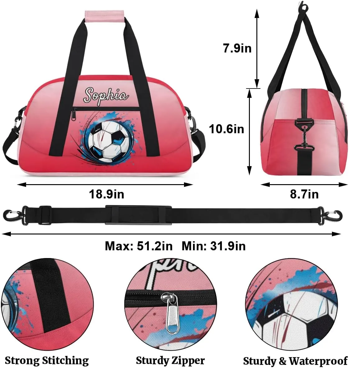 Custom Name Sports Bag, Personalized Balls Sports Gym Duffel Bag, Travel Weekender Tote Carry-On Training Perform Bag, Red Gradient