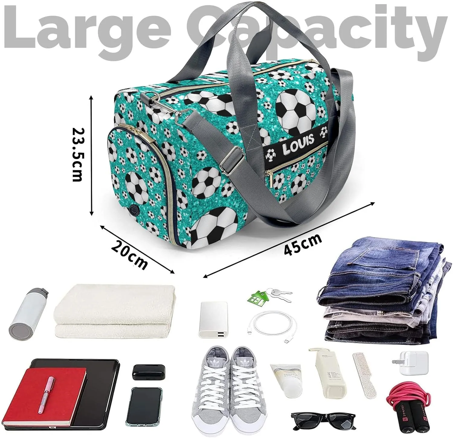 Custon Name Turquoise Glitter Balls Soccer Gym Sport Duffel Bag Player Travel Bag,Sport Gym Bag Gift for Travel Hand Bag Carry on Bag