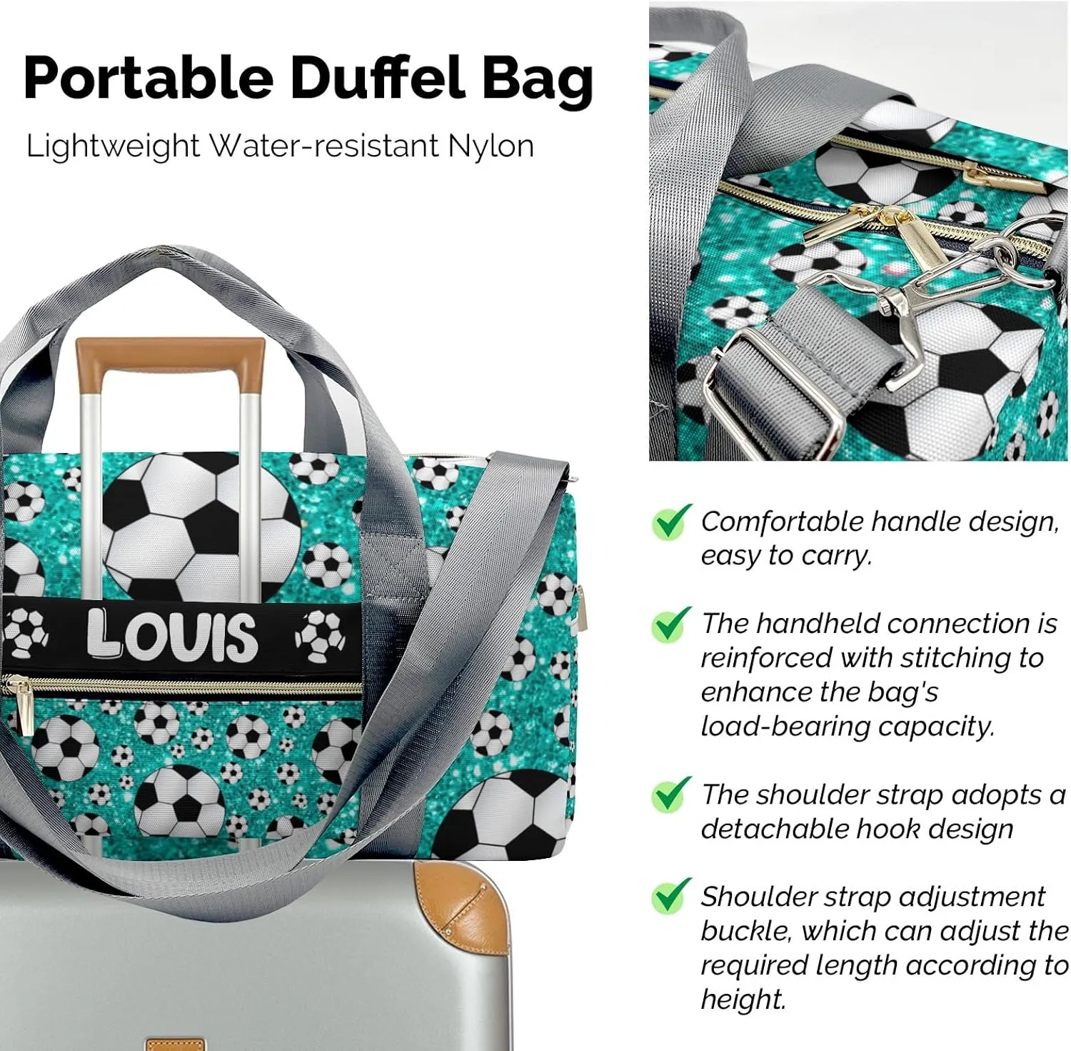 Custon Name Turquoise Glitter Balls Soccer Gym Sport Duffel Bag Player Travel Bag,Sport Gym Bag Gift for Travel Hand Bag Carry on Bag