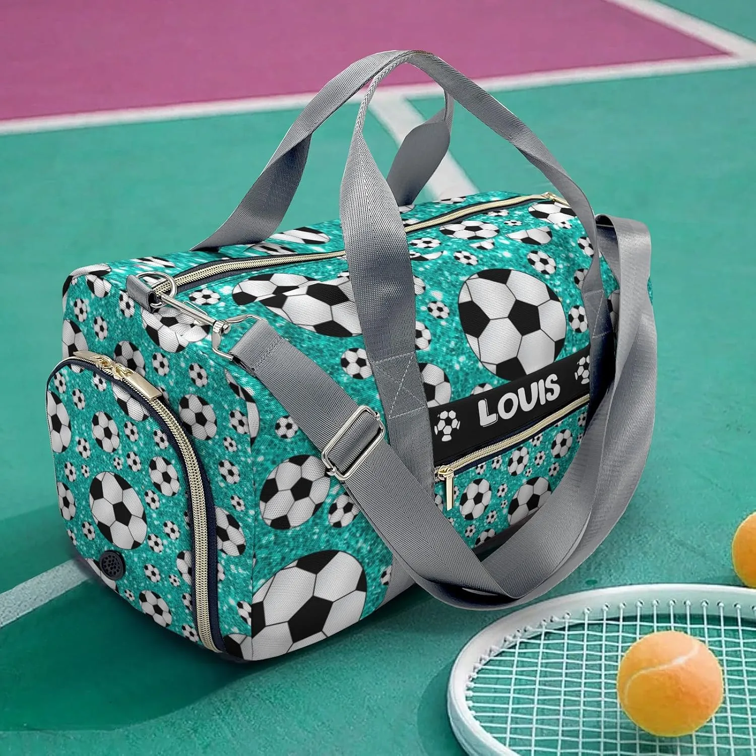 Custon Name Turquoise Glitter Balls Soccer Gym Sport Duffel Bag Player Travel Bag,Sport Gym Bag Gift for Travel Hand Bag Carry on Bag