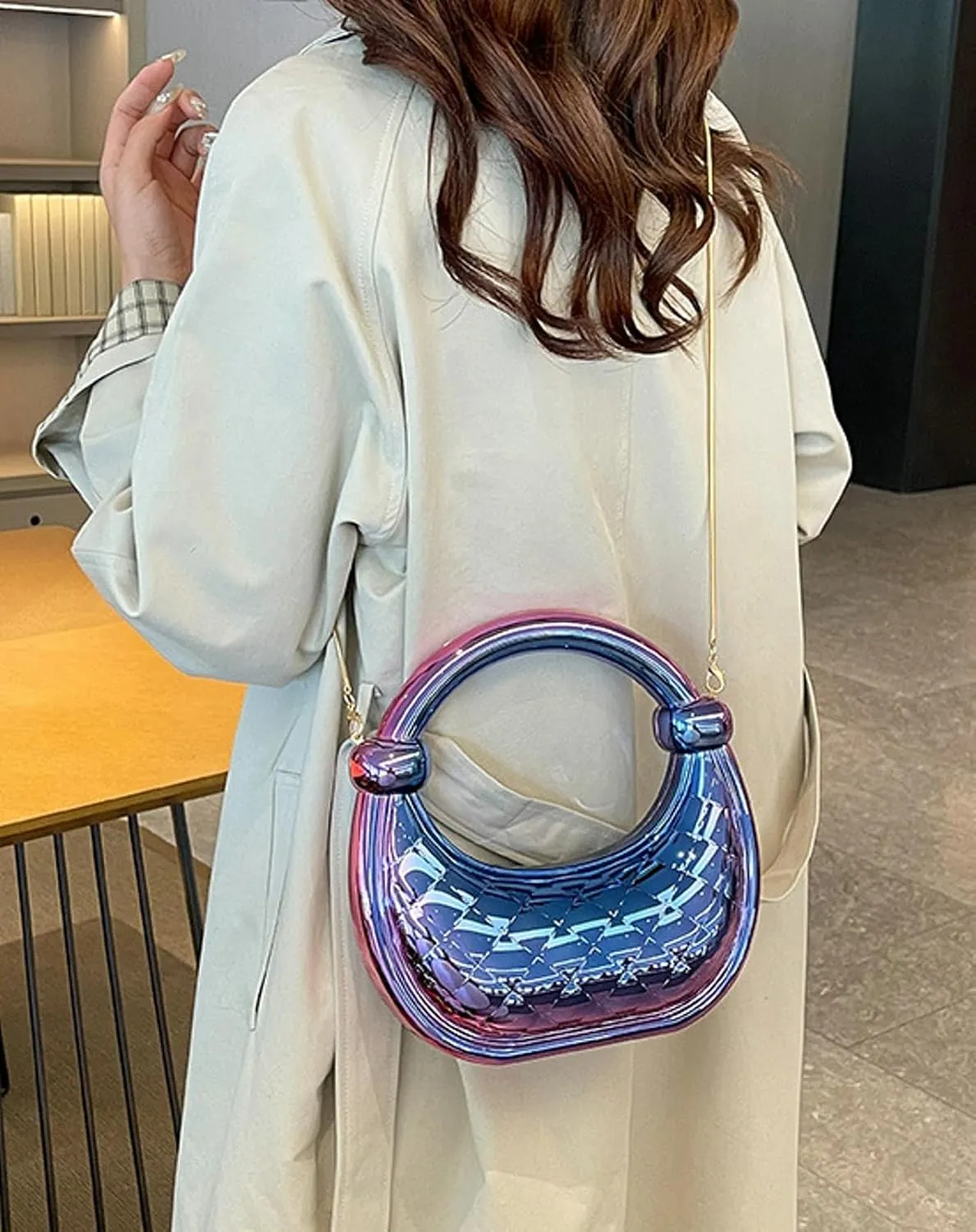 Cute Acrylic Color Block Crescent Handbag Small Unique Purse Metallic Plaid Evening Purse Home Decor Party Cocktail