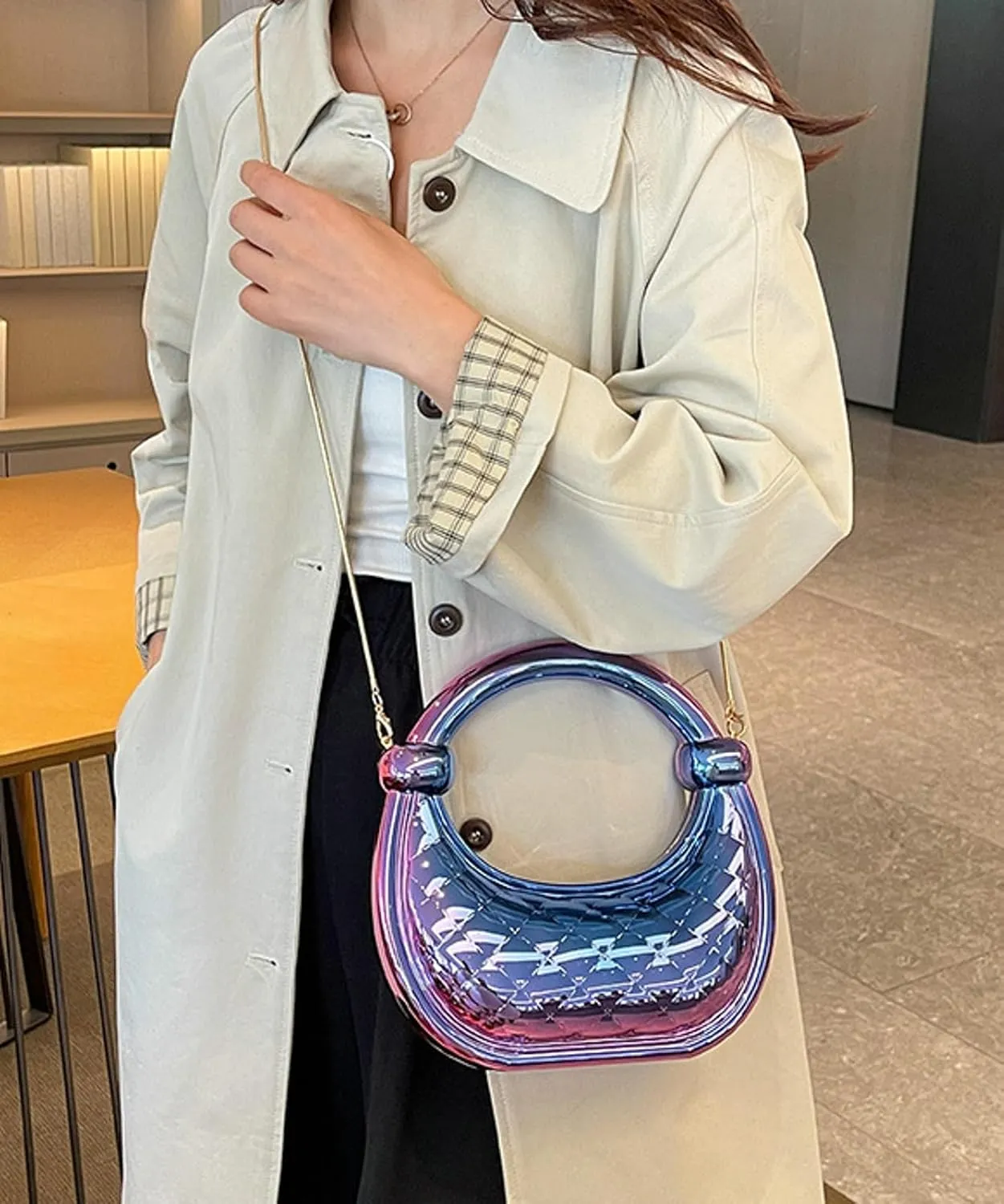 Cute Acrylic Color Block Crescent Handbag Small Unique Purse Metallic Plaid Evening Purse Home Decor Party Cocktail