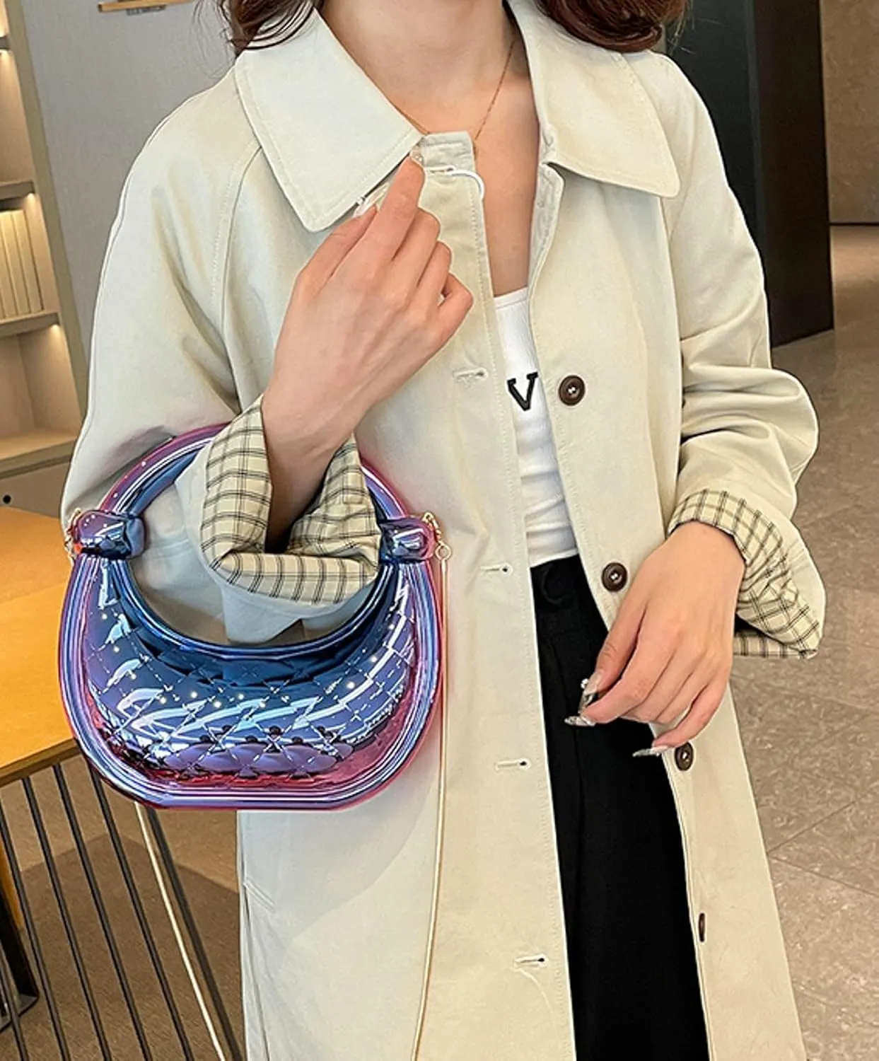 Cute Acrylic Color Block Crescent Handbag Small Unique Purse Metallic Plaid Evening Purse Home Decor Party Cocktail