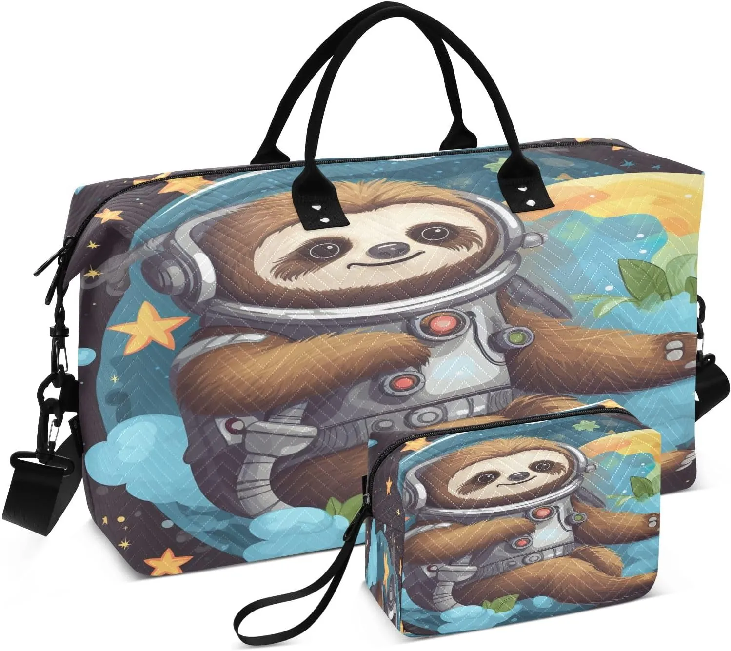 Cute Ccartoon Sloth Astronaut Travel Duffel Bag with Toiletry Bag Weekender Bag for Carry on Sports Gym Bag for Gym Yoga Sports