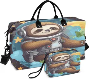 Cute Ccartoon Sloth Astronaut Travel Duffel Bag with Toiletry Bag Weekender Bag for Carry on Sports Gym Bag for Gym Yoga Sports