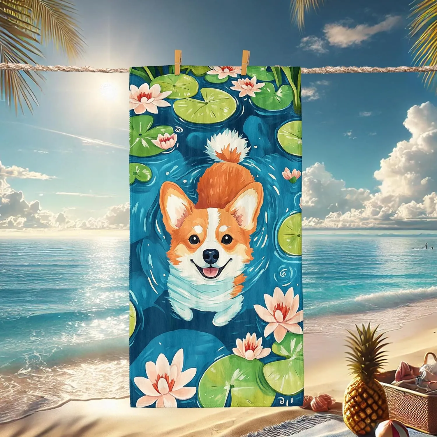 Cute Corgi Teal Beach Towel Microfiber Quick Dry Absorbent Sand Free Lightweight Towel, Perfect for Pool Gym Outdoor Travel Picnic Essentials 62x31 Inch