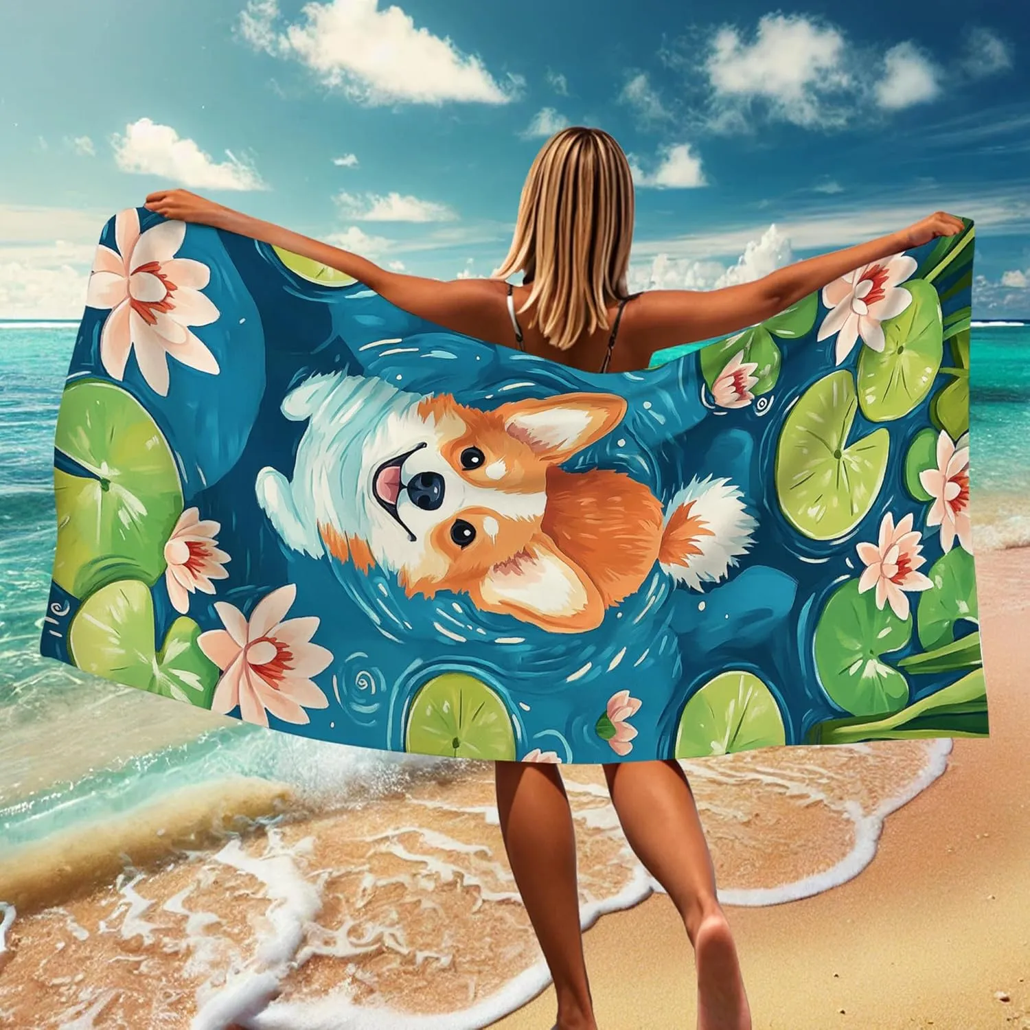 Cute Corgi Teal Beach Towel Microfiber Quick Dry Absorbent Sand Free Lightweight Towel, Perfect for Pool Gym Outdoor Travel Picnic Essentials 62x31 Inch