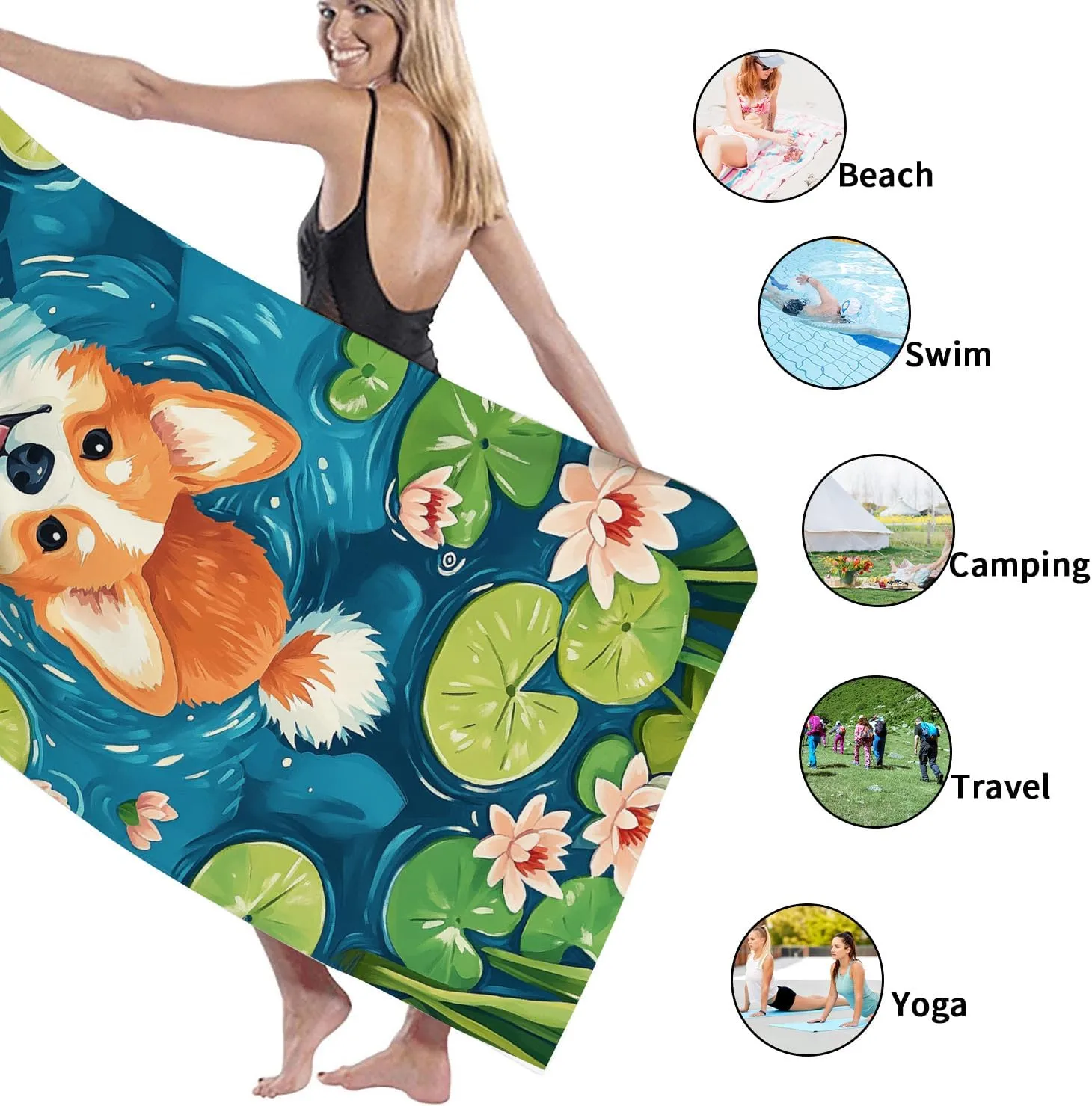 Cute Corgi Teal Beach Towel Microfiber Quick Dry Absorbent Sand Free Lightweight Towel, Perfect for Pool Gym Outdoor Travel Picnic Essentials 62x31 Inch