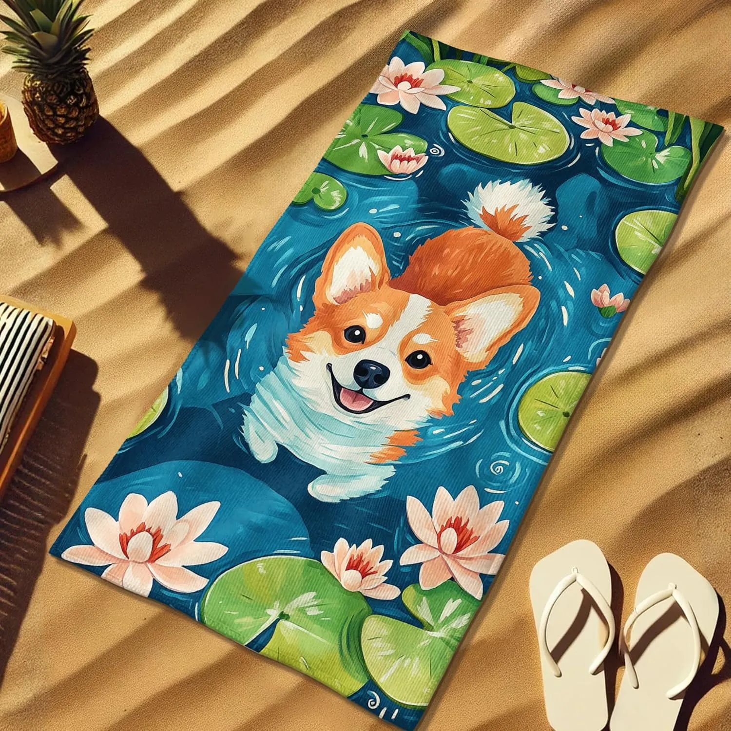 Cute Corgi Teal Beach Towel Microfiber Quick Dry Absorbent Sand Free Lightweight Towel, Perfect for Pool Gym Outdoor Travel Picnic Essentials 62x31 Inch