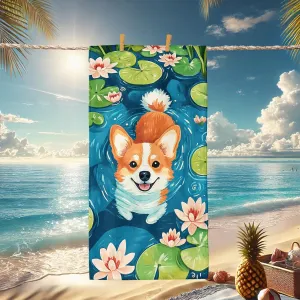 Cute Corgi Teal Beach Towel Microfiber Quick Dry Absorbent Sand Free Lightweight Towel, Perfect for Pool Gym Outdoor Travel Picnic Essentials 62x31 Inch