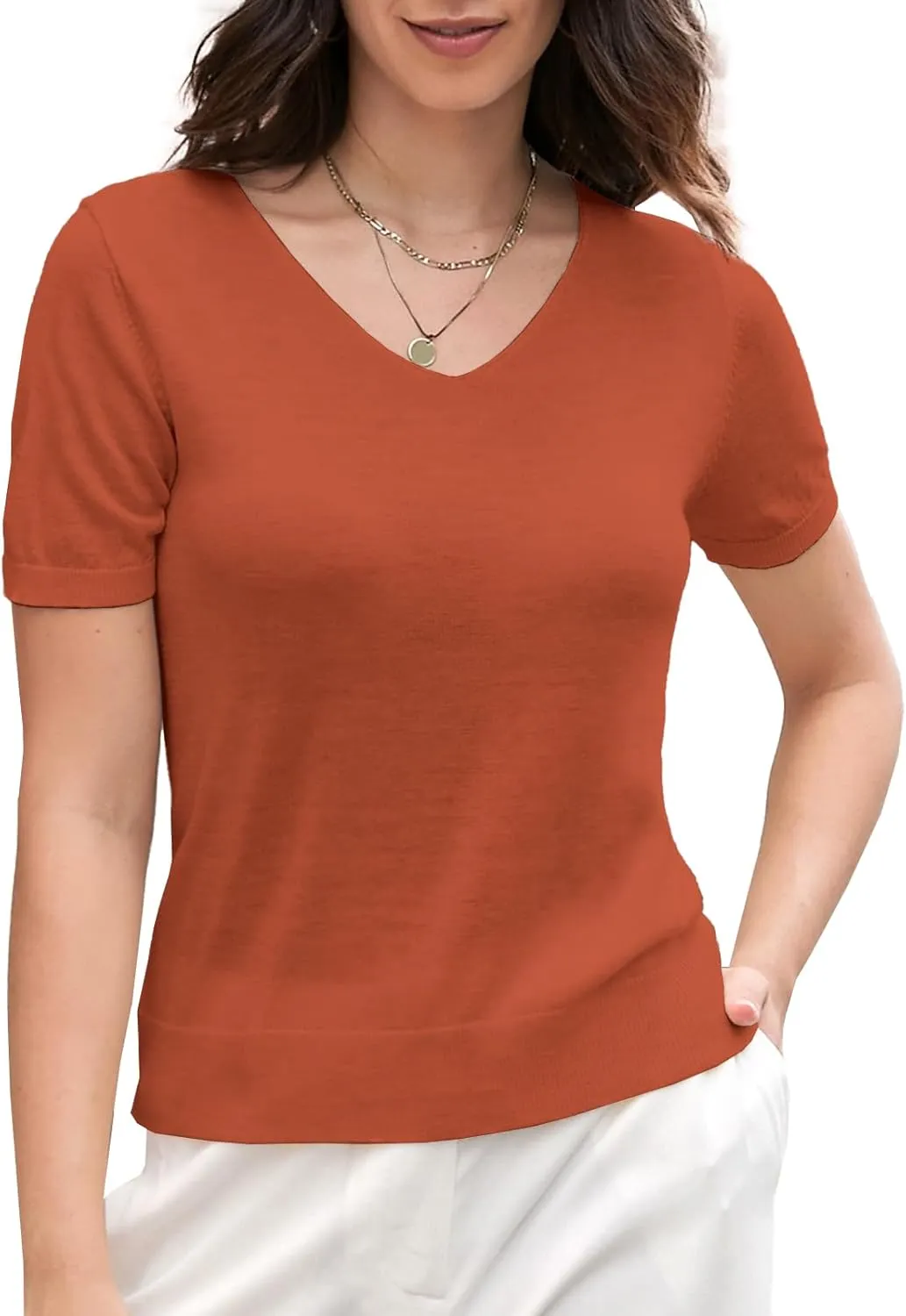 DAIMIDY Women's Short Sleeve V Neck Sweaters Casual Summer Sweater Lightweight Knit Pullover Tops