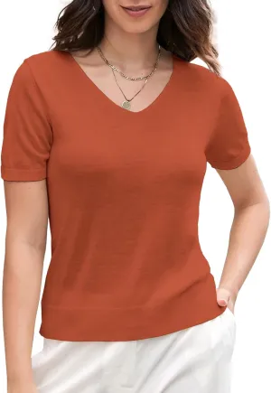 DAIMIDY Women's Short Sleeve V Neck Sweaters Casual Summer Sweater Lightweight Knit Pullover Tops