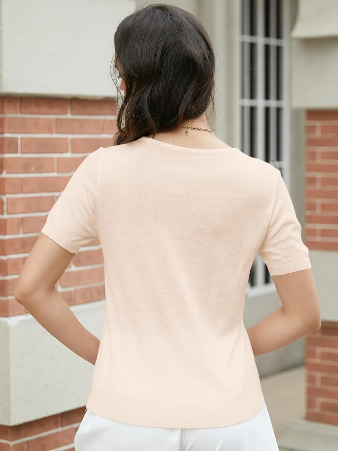 DAIMIDY Women's Short Sleeve V Neck Sweaters Casual Summer Sweater Lightweight Knit Pullover Tops
