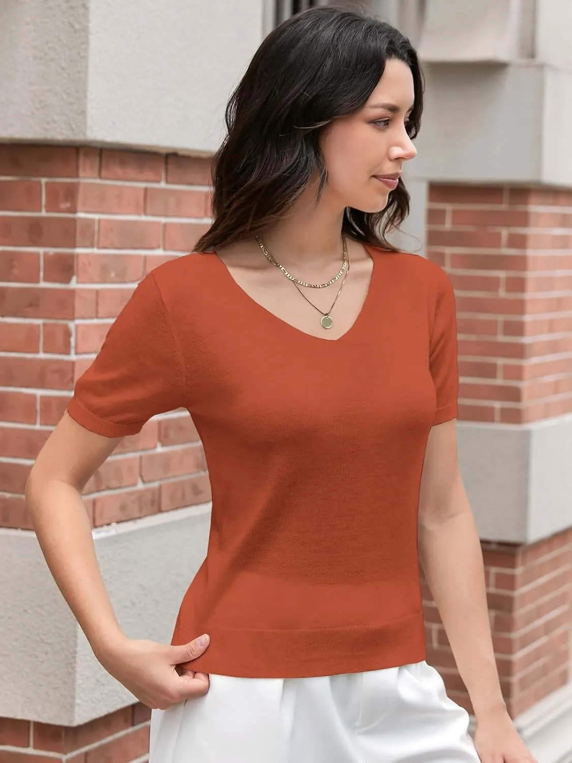 DAIMIDY Women's Short Sleeve V Neck Sweaters Casual Summer Sweater Lightweight Knit Pullover Tops