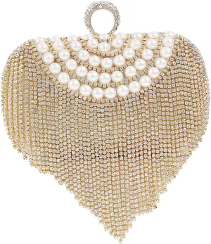 Damara Womens Glitter Rhinestone Tassel Pearl Curve Handbag,Gold