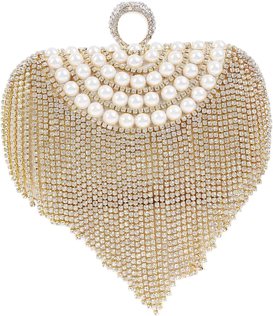 Damara Womens Glitter Rhinestone Tassel Pearl Curve Handbag,Gold