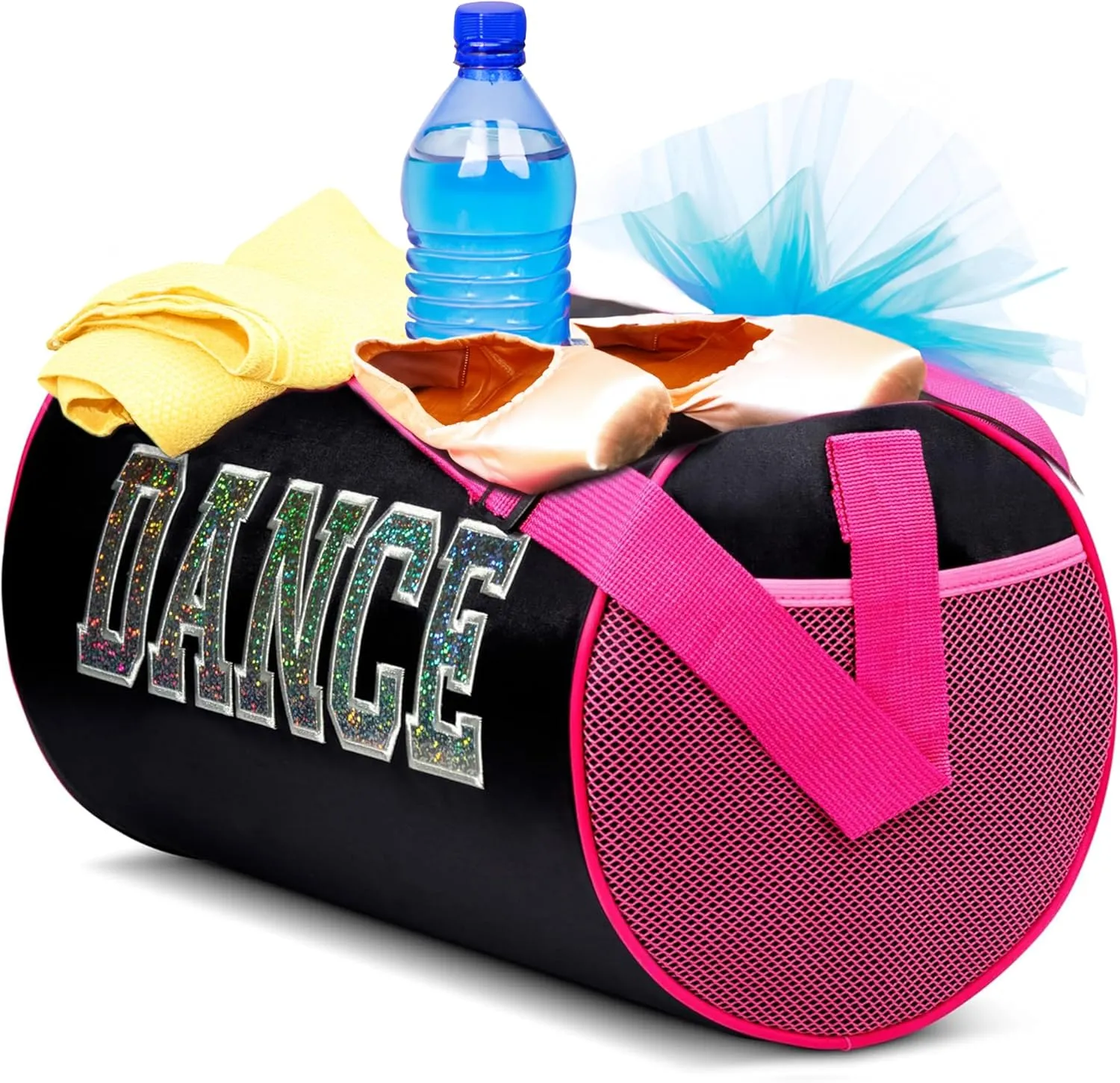 Dance Duffle Bag for Girls, Kids Travel Bag with Adjustable Carry on and Handy Pouch, Dance Accessories for Girls, Teens (Black/Fuchsia/Silver)