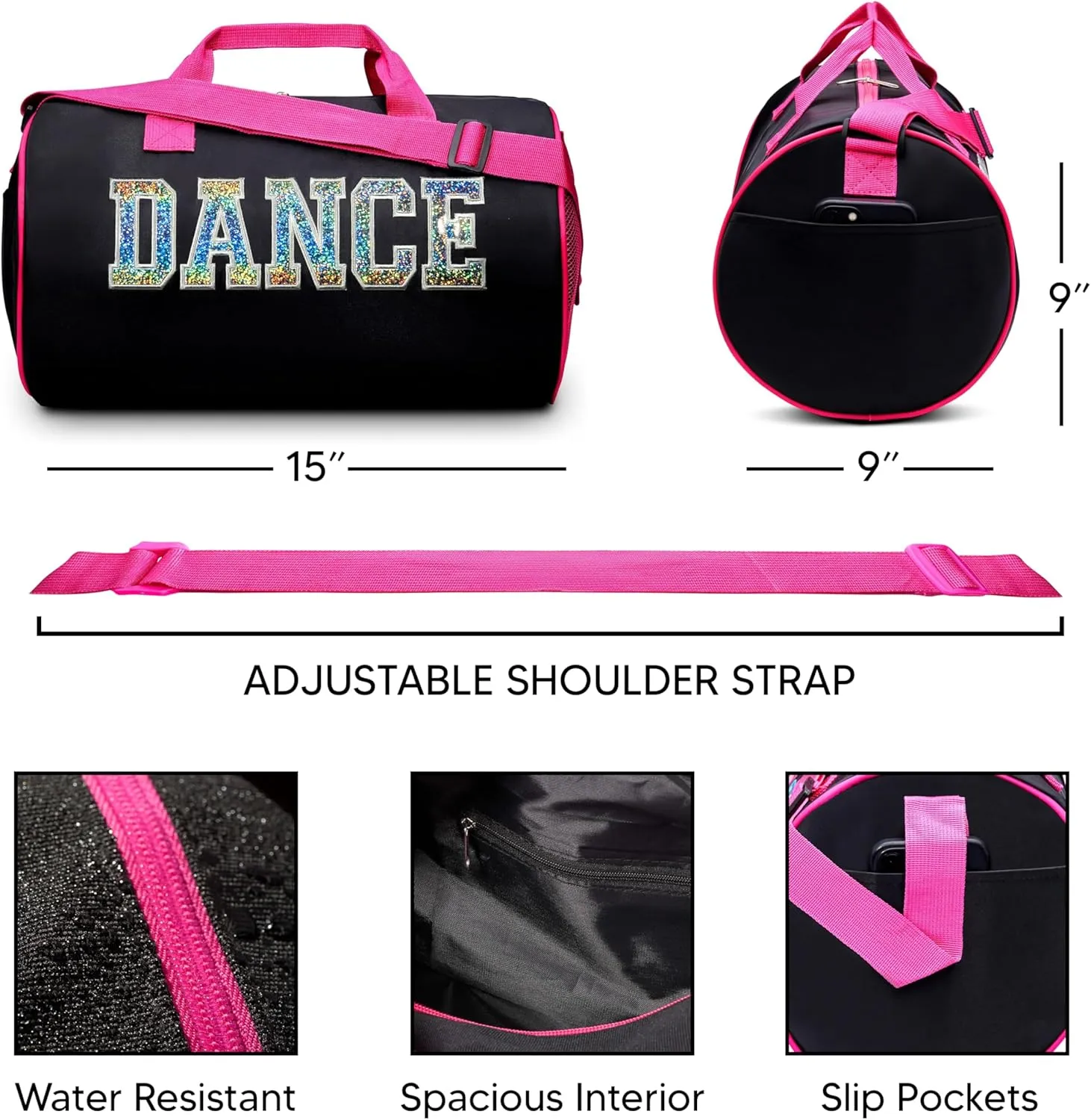 Dance Duffle Bag for Girls, Kids Travel Bag with Adjustable Carry on and Handy Pouch, Dance Accessories for Girls, Teens (Black/Fuchsia/Silver)
