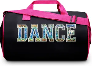 Dance Duffle Bag for Girls, Kids Travel Bag with Adjustable Carry on and Handy Pouch, Dance Accessories for Girls, Teens (Black/Fuchsia/Silver)