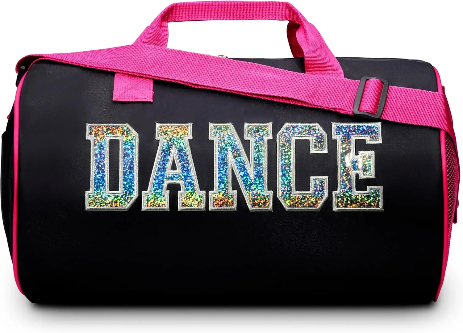 Dance Duffle Bag for Girls, Kids Travel Bag with Adjustable Carry on and Handy Pouch, Dance Accessories for Girls, Teens (Black/Fuchsia/Silver)