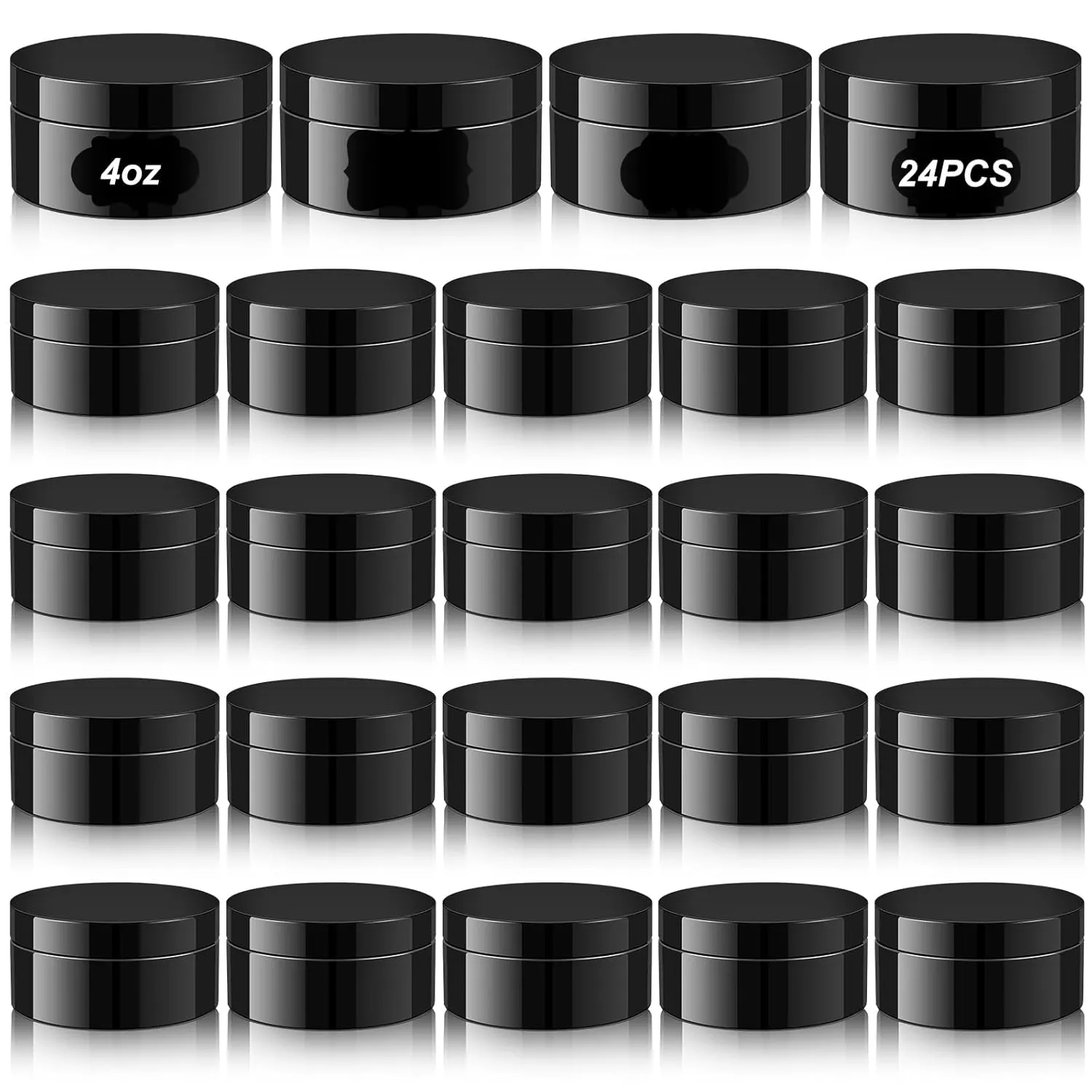 Dandat 24 Pcs 4 oz Plastic Jars with Lid and Label PET Cosmetic Containers Leak Proof Empty Cosmetic Jars Refillable Storage Travel Containers for Lotion Cream Gel Powder (Black)