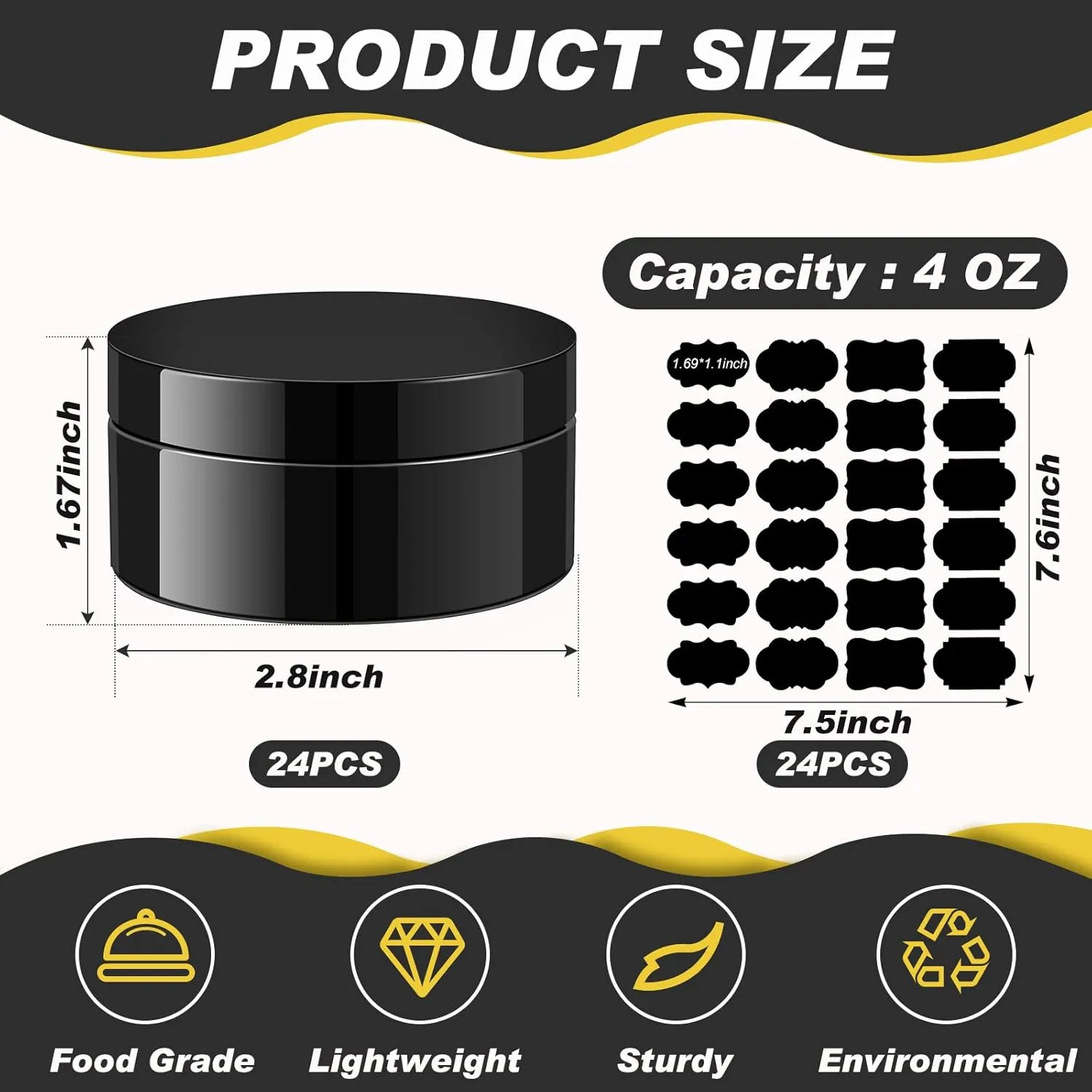 Dandat 24 Pcs 4 oz Plastic Jars with Lid and Label PET Cosmetic Containers Leak Proof Empty Cosmetic Jars Refillable Storage Travel Containers for Lotion Cream Gel Powder (Black)
