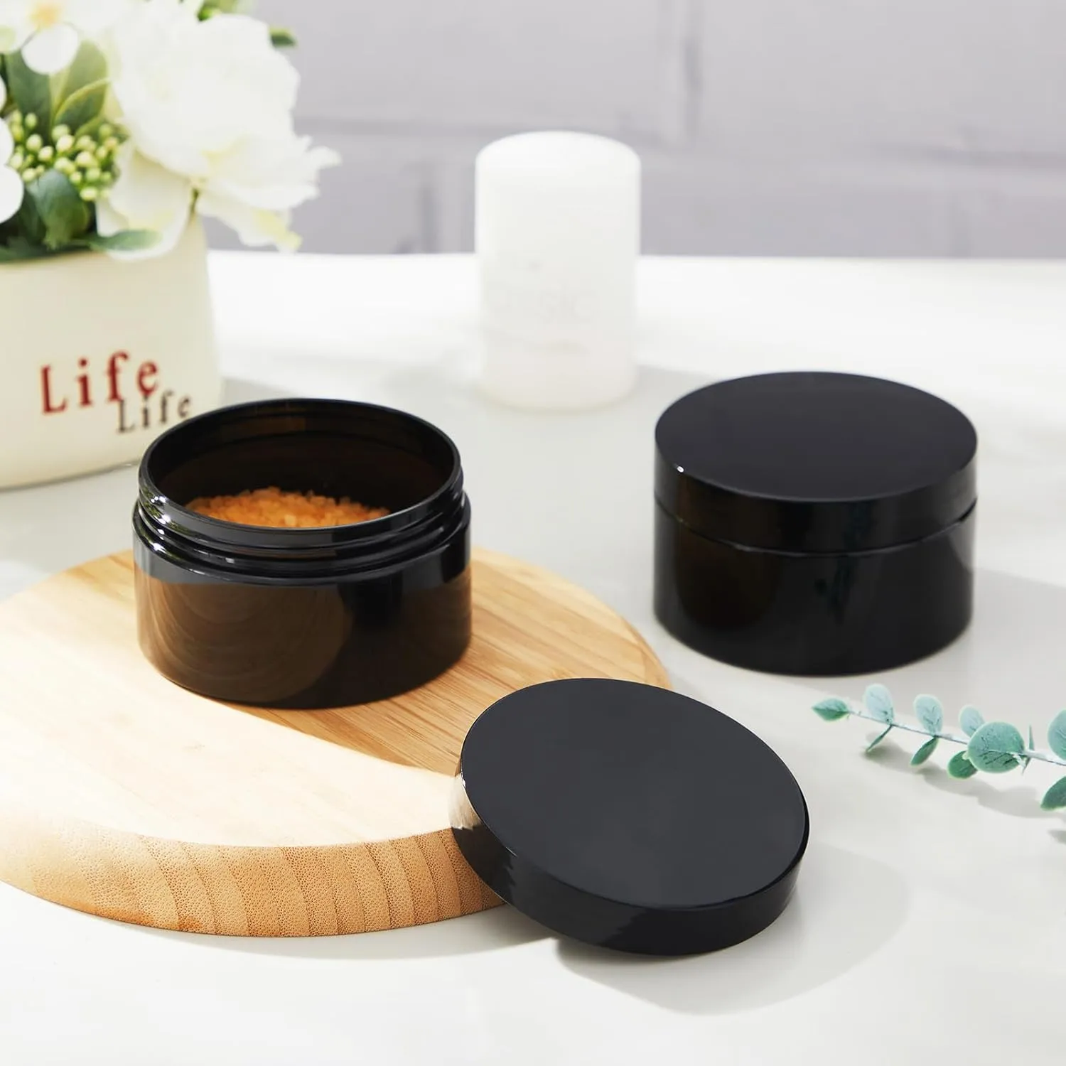 Dandat 24 Pcs 4 oz Plastic Jars with Lid and Label PET Cosmetic Containers Leak Proof Empty Cosmetic Jars Refillable Storage Travel Containers for Lotion Cream Gel Powder (Black)