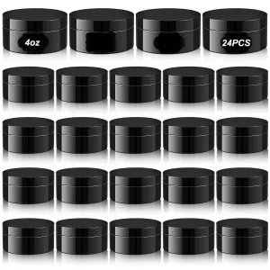 Dandat 24 Pcs 4 oz Plastic Jars with Lid and Label PET Cosmetic Containers Leak Proof Empty Cosmetic Jars Refillable Storage Travel Containers for Lotion Cream Gel Powder (Black)