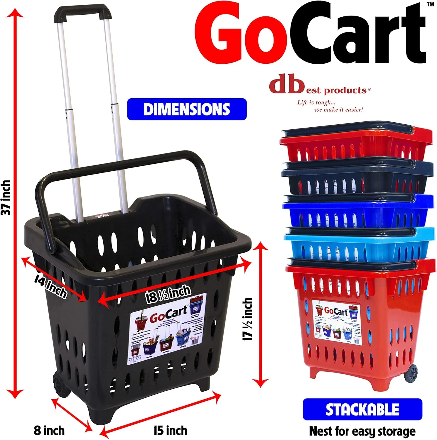 dbest products GoCart, Black Grocery Cart Shopping Laundry Basket on Wheels
