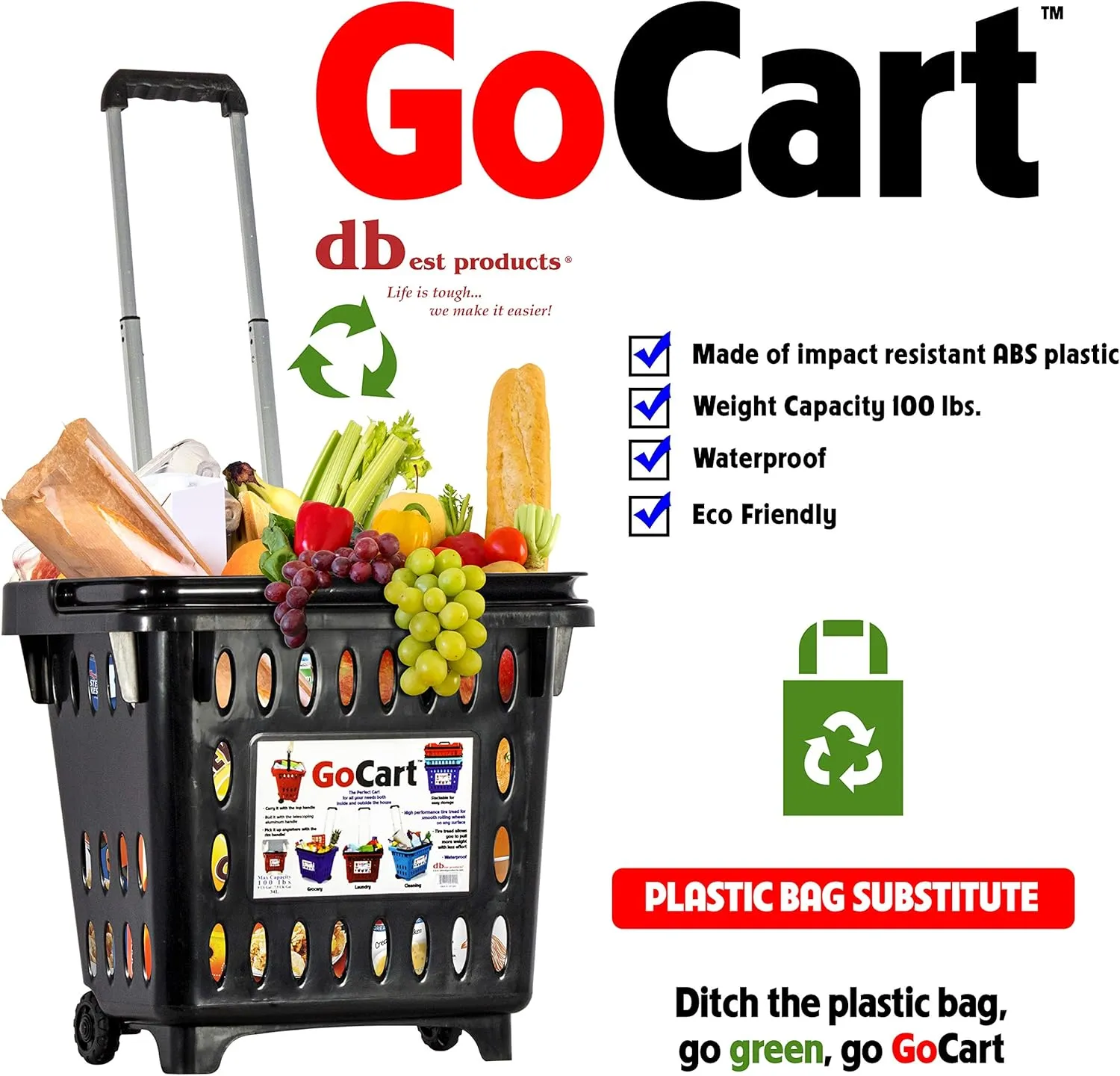 dbest products GoCart, Black Grocery Cart Shopping Laundry Basket on Wheels