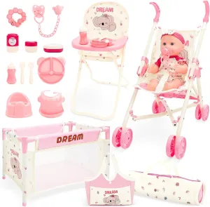 deAO Baby Doll Stroller Toys with 12" Baby Doll Accessories Crib Bed High Chair Nursery Role Play Set Play Mat,Travel Cot,Bouncer,Foldable Stroller,Travel Bag, Birthday Gifts for Toddlers Girls Boys