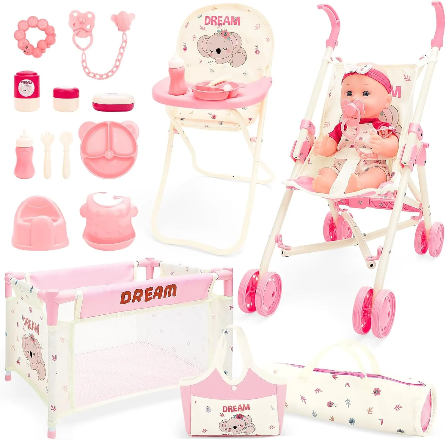 deAO Baby Doll Stroller Toys with 12" Baby Doll Accessories Crib Bed High Chair Nursery Role Play Set Play Mat,Travel Cot,Bouncer,Foldable Stroller,Travel Bag, Birthday Gifts for Toddlers Girls Boys
