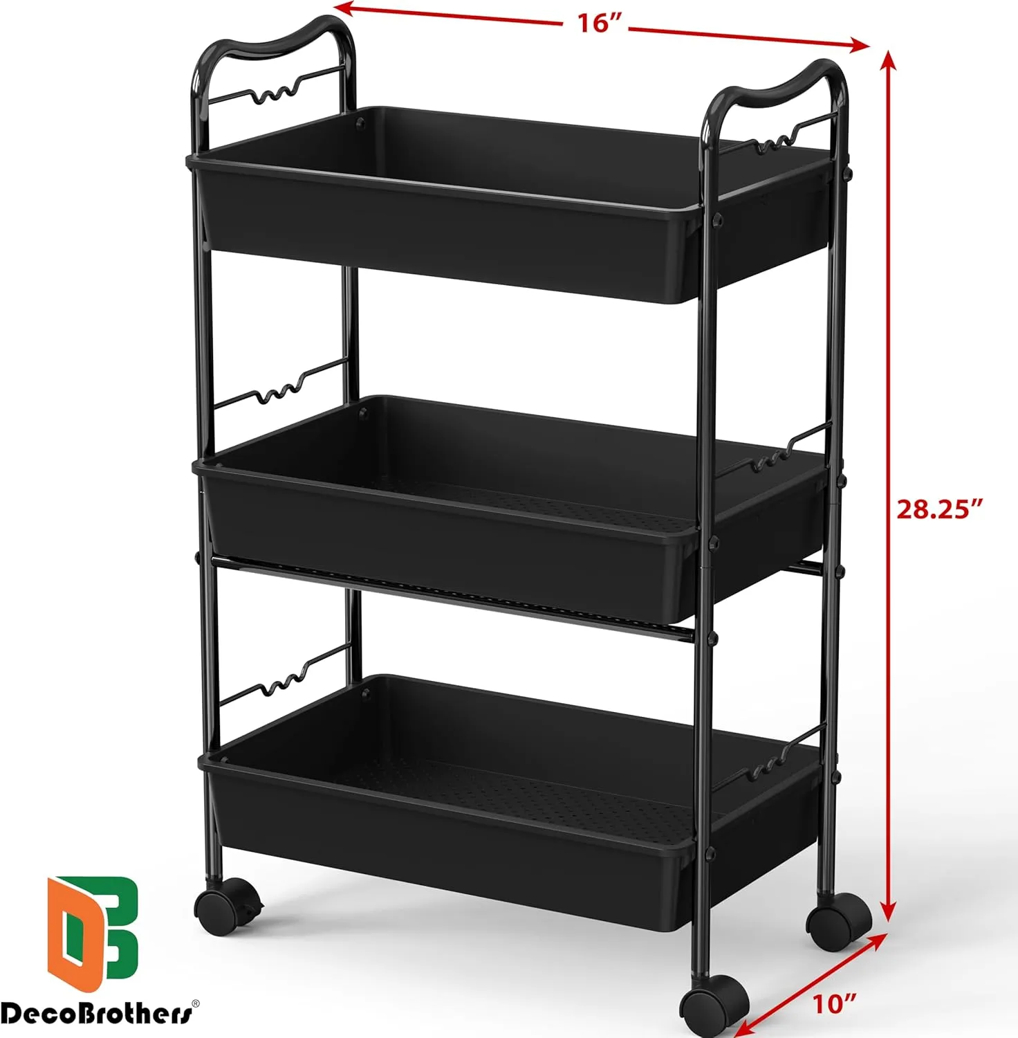 Deco Brothers 3 Tier Metal Rolling Storage Utility Cart with Wheels, Black