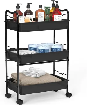 Deco Brothers 3 Tier Metal Rolling Storage Utility Cart with Wheels, Black