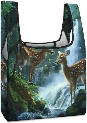 Deer Forests River Animal Grocery Shopping Bags Foldable Tote Bags Casual Handbags Purses Work Bag for Women