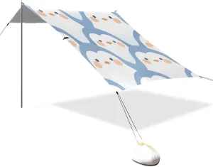 Delicate Cartoon Penguin Light Blue Designed UPF50  Protection Foldable Beach Cabana Easy Setup Large Sun Shelter with Sand Shovel, Sandbags for Camping, Picnics, Backyard tapete para Playa
