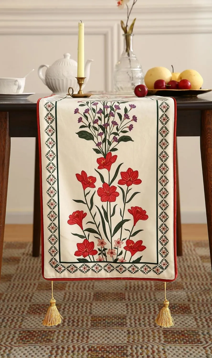 Designer Luxury Velvet Table Runner 87 Inches, Farmhouse Floral Pattern Rustic Decor Table Runners for Dining Tables,Decoration for Thanksgiving,Parties,Christmas,Banquet,New Year,12"x87"