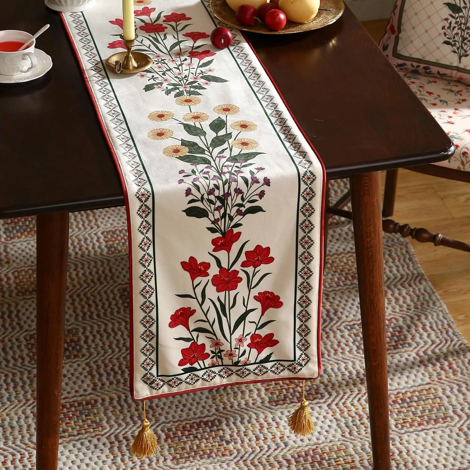 Designer Luxury Velvet Table Runner 87 Inches, Farmhouse Floral Pattern Rustic Decor Table Runners for Dining Tables,Decoration for Thanksgiving,Parties,Christmas,Banquet,New Year,12"x87"