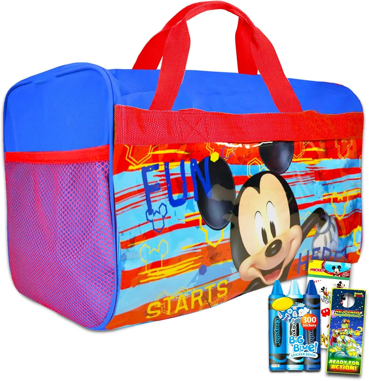 Disney Mickey Mouse Duffle Bag Set for Boys, Kids ~ 4 Pc Bundle With Mickey Carry On Travel Bag, Stickers, Door Hanger, and More | Mickey Mouse Sleepover Travel Activity Set