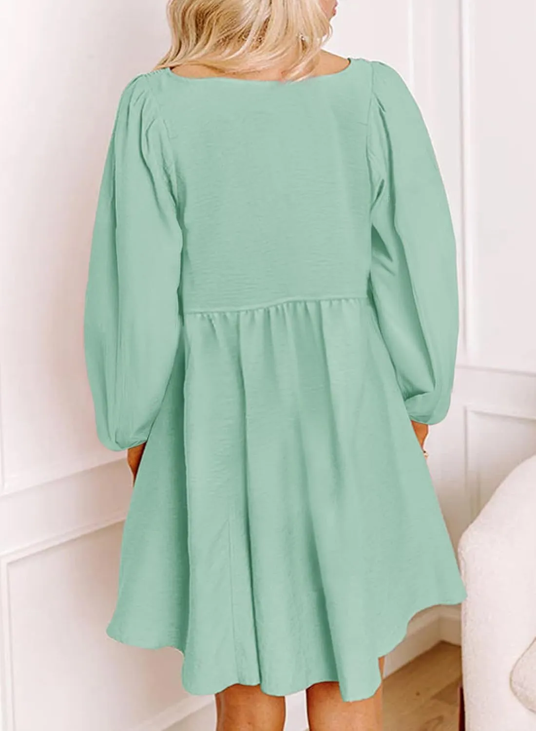 Dokotoo Womens 2025 Casual Dress Smocked Crewneck Button Up Long Sleeve Empire Waist A-Line Mini Dress