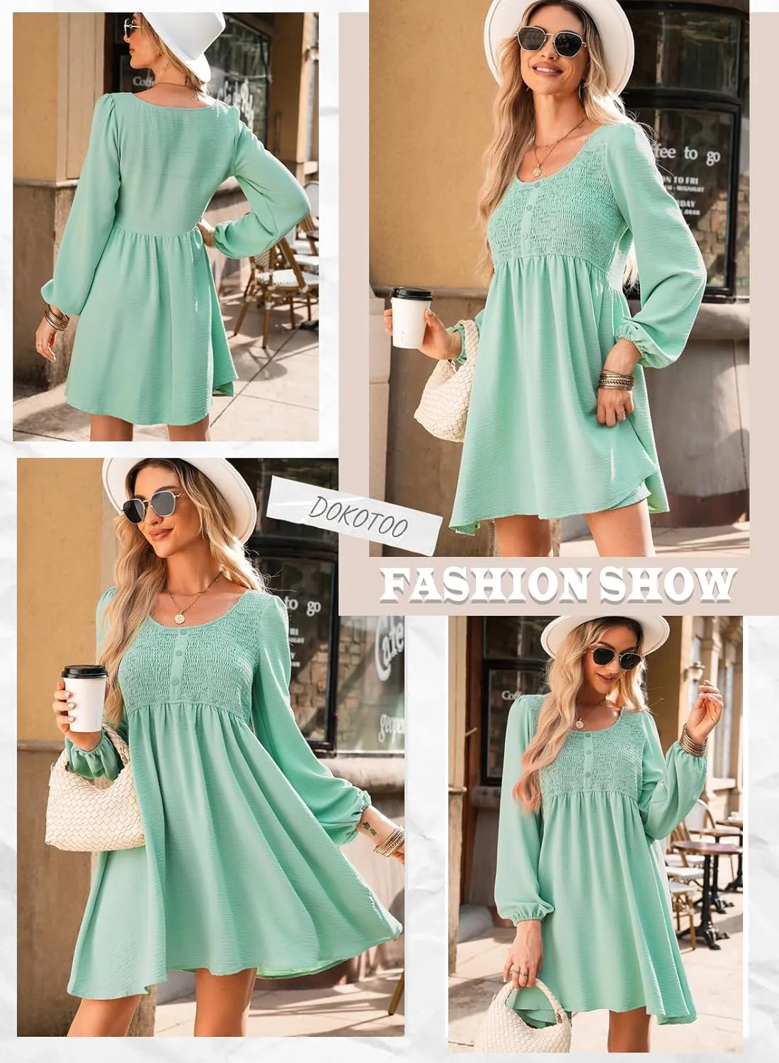 Dokotoo Womens 2025 Casual Dress Smocked Crewneck Button Up Long Sleeve Empire Waist A-Line Mini Dress